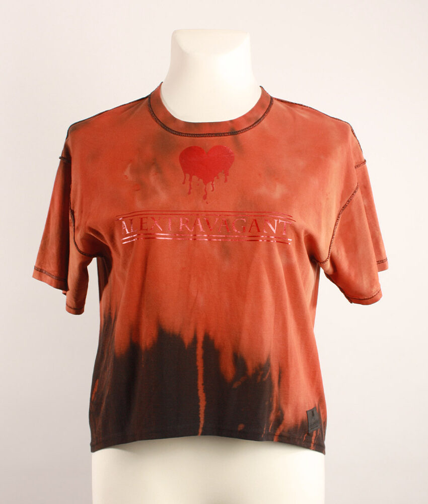 Fancy Upcycling Crop Top aus Second-Hand Band Merchandise mit Alextravagant Logo Print vorne und sexy Herzausbrenner im Rücken