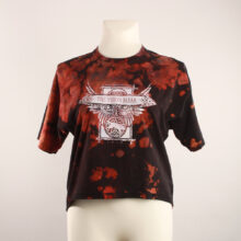 Fancy Upcycling Crop Top aus Second-Hand Band Merchandise mit Alextravagant Logo Print vorne und schwarz-transparenten Herzausbrenner im Rücken