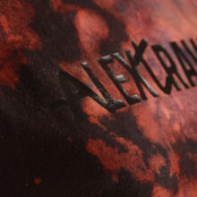 Fancy Upcycling Crop Top aus Second-Hand Band Merchandise mit Alextravagant Logo Print vorne und schwarz-transparenten Herzausbrenner im Rücken