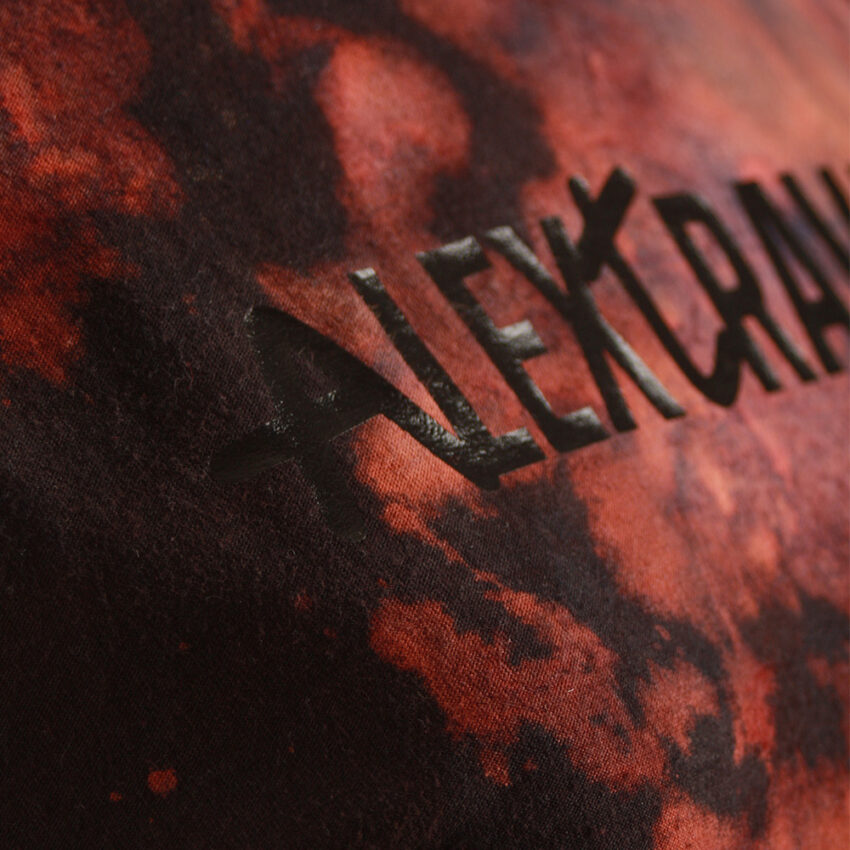 Fancy Upcycling Crop Top aus Second-Hand Band Merchandise mit Alextravagant Logo Print vorne und schwarz-transparenten Herzausbrenner im Rücken