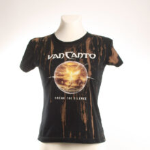 Alextravagant_T-Shirt-Katze-Meow-nougatbraun-gold-schwarz_1 Upcycling T-Shirt aus Second Hand Merchandise mit Katzen Stempeldruck von Künstlerin Maren Daniels